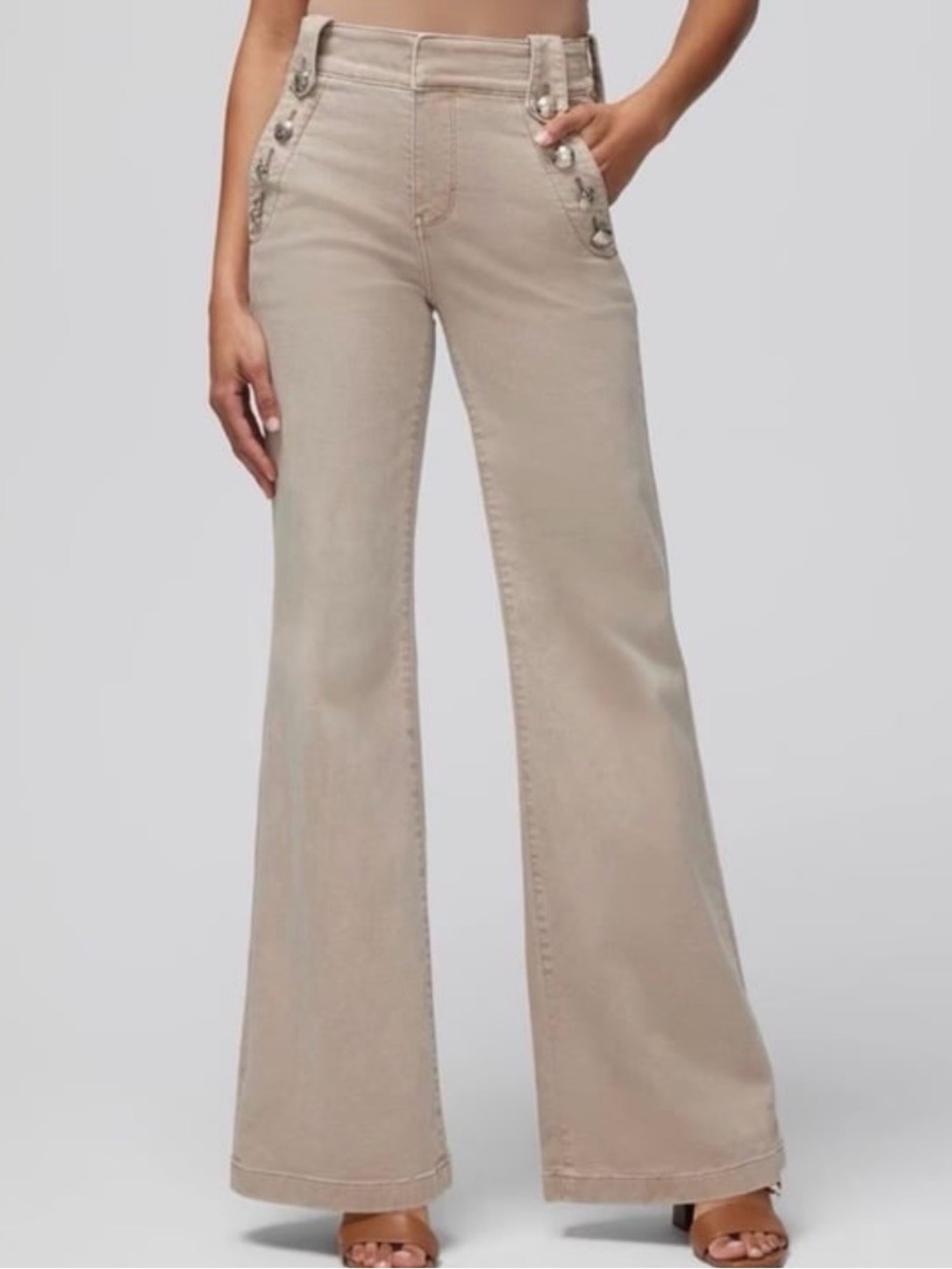 WHBM High-Rise Mariner Wide-Leg Sz 16 Tall flare Buttons Jeans Pants Tan